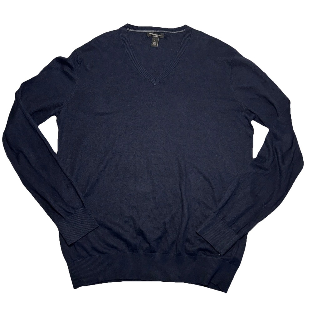 Banana Republic Sweater Mens L Silk Linen V-Neck Navy‎ Blue Preppy Quiet Luxury